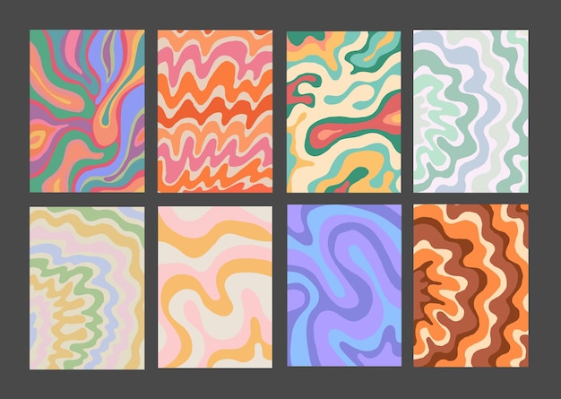 Vector cool groovy pattern posters collection set of y2k wavy textures trendy abstract geometric 90s backgrounds funky retro vintage backdrops