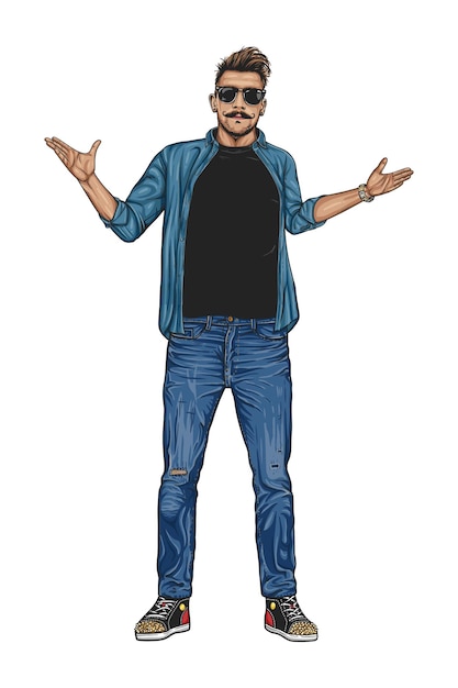 Cool guy in sunglasses stretches his hand to the side Vector illustration