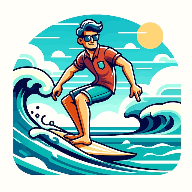 A cool guy surfing the waves in flat design style