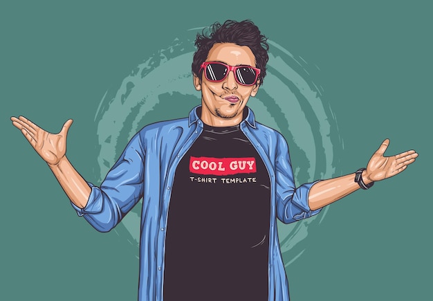 Cool guy t-shirt sjabloon met zonnebril illustratie