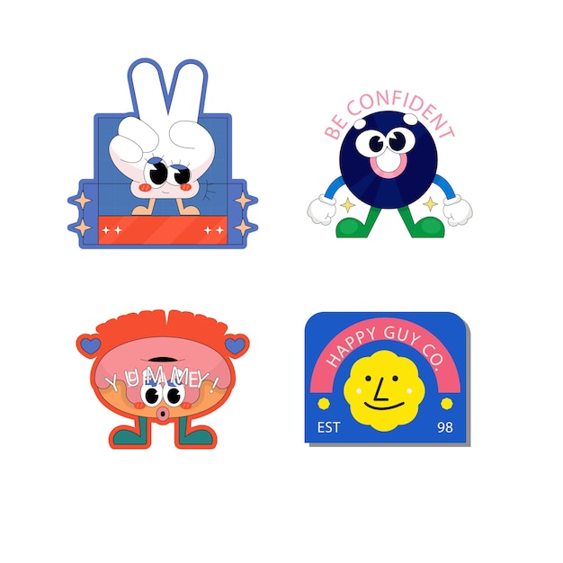 Cool handgetekende groovy retro stickers set trendy Y2k Smile Patches Vector Design Pop Art Print Lab