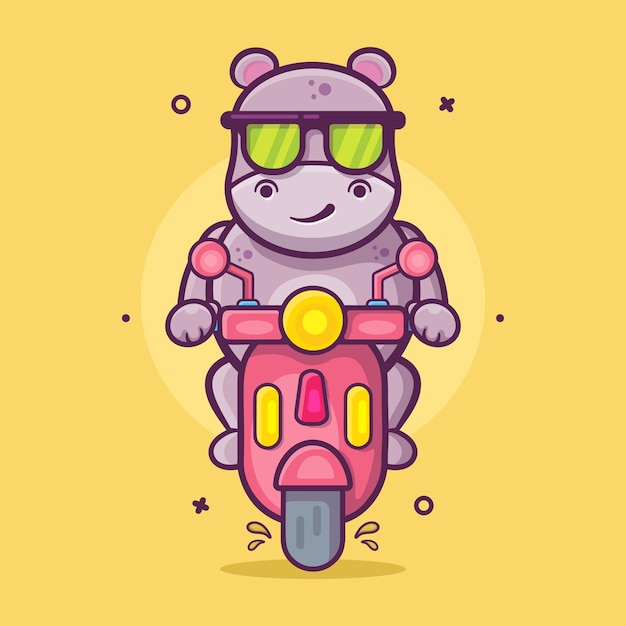 Vector cool hippo animal character mascot riding scooter motorcycle isolated cartoon in flat style design