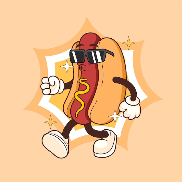 COOL HOTDOG VINTAGE MASCOT CHARACTER ILLUSTRATION