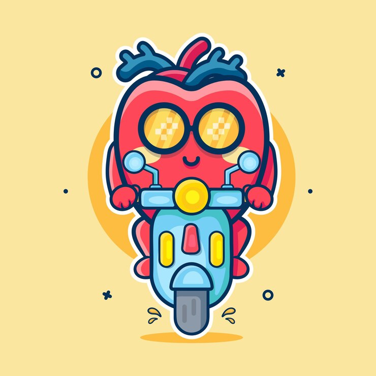Vector 人間の心臓の器官 マスコット スクーターに乗る モーターサイクル 孤立したアニメ