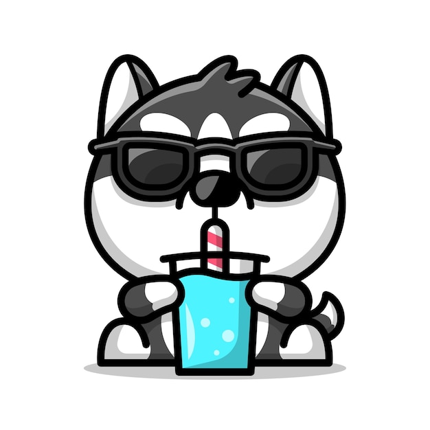 Cool husky sta bevendo una tazza di mascotte dei fumetti felici