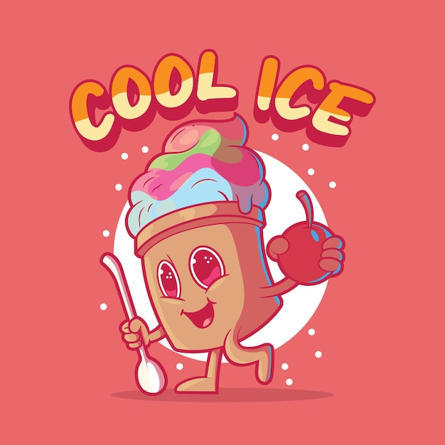 Cool Ice Cream karakter met een kers vectorillustratie Eten grappige branding ontwerpconcept