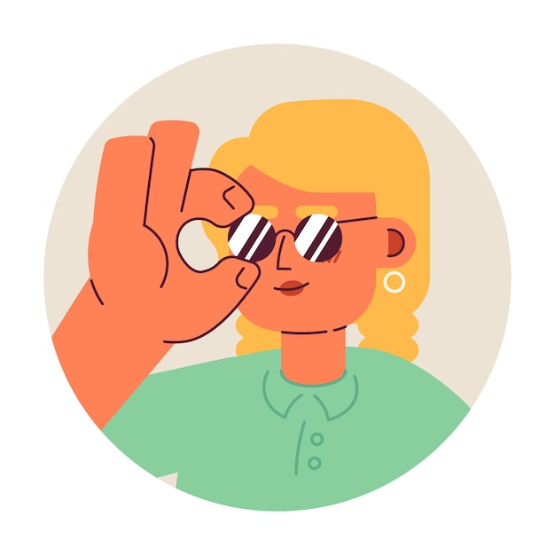 Vector cool jong meisje met zonnebril 2d vector avatar illustratie modieuze blanke vrouw blonde cartoon personage gezicht portret uitdrukken jezelf platte kleur gebruiker profiel afbeelding geïsoleerd op wit