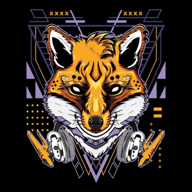 Cool Kitsune Demon Fox met koptelefoon Techno Geometry Illustratiestijl op zwarte achtergrond