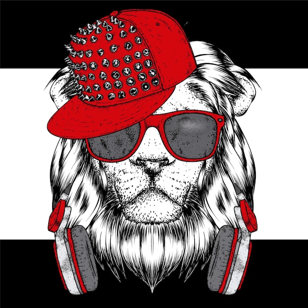 Cool lion wearing glasses headphones and a cap