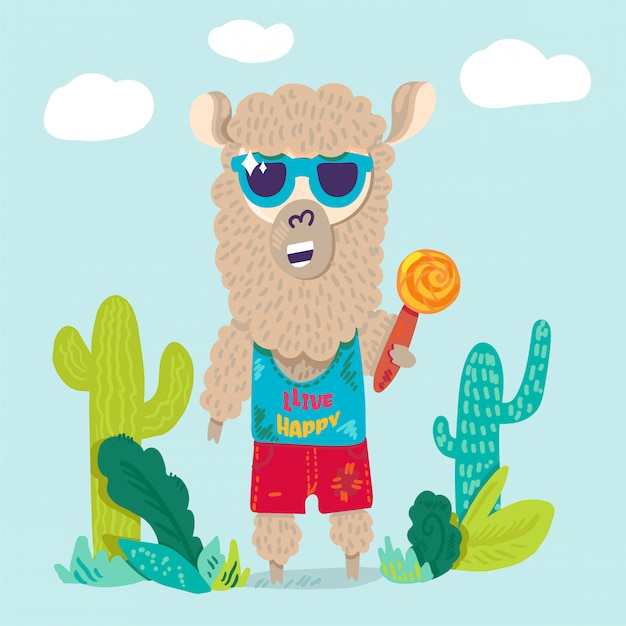 Cool llama in sunglasses flat cartoon character