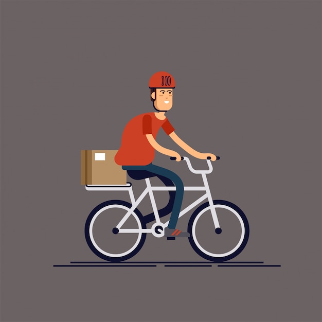 배달 상자와 멋진 남성 택배 사람 문자 승마 자전거. 택배 자전거 배달 서비스. 지역 도시 다목적 우편 배달