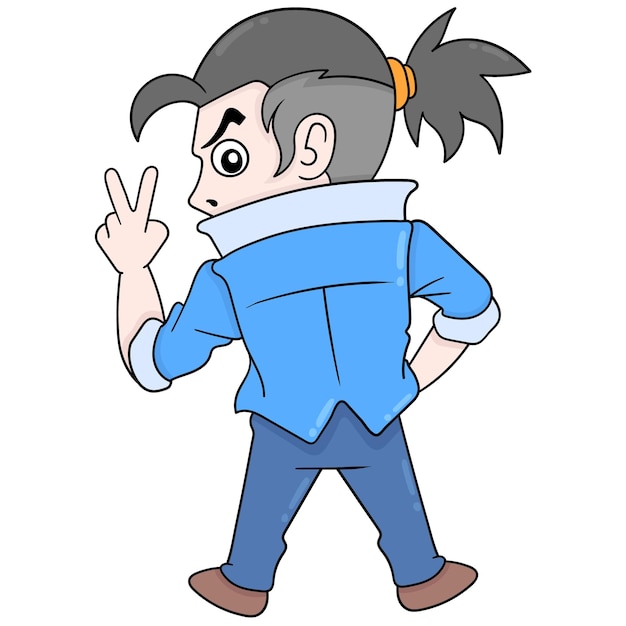 Cool man with ponytail seen from behind. doodle icon kawaii.