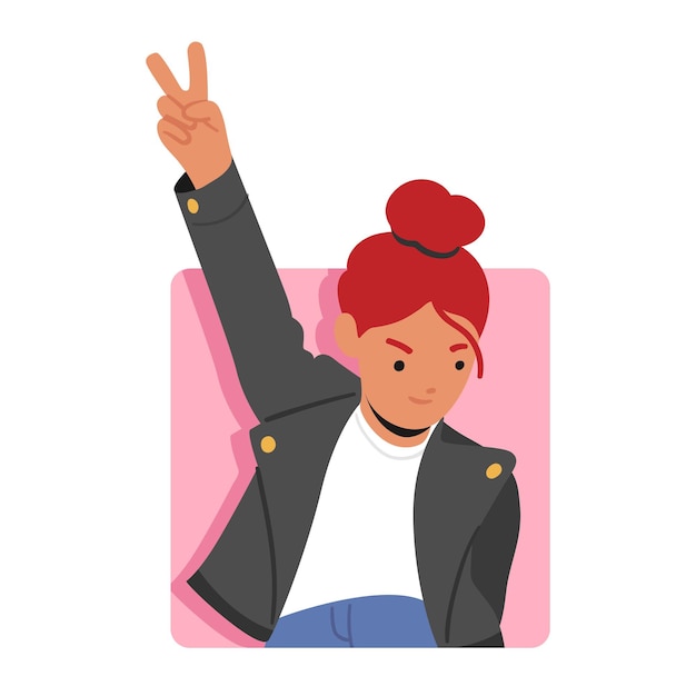 Cool meisje overwinning gebaar tonen gluren uit roze vierkant frame kind blik uit het gat Kid karakter gezicht Avatar