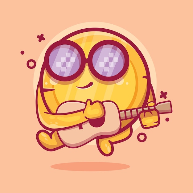 Cool money coin character mascot playing guitar isolated cartoon in flat style design