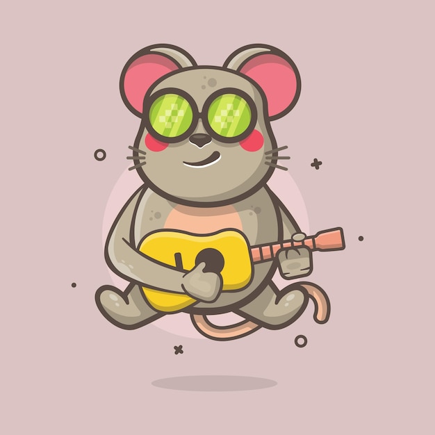 멋진 쥐 동물 캐릭터 마스코트 기타 연주 고립된 만화