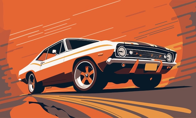 Cool muscle car on an orange background Sports car vintage retro wallpaper poster motorsport minimalism art design graphics color daring transport car concept vector illustration