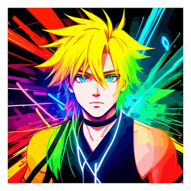 Vettore neon graffiti anime boy con capelli biondi illustrazione vettoriale arte digitale scifi fantasia orribile