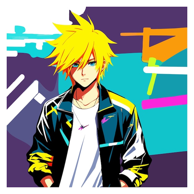 Cool Neon Graffiti Anime Boy with Blond Hair Vector Illustration Digital Art SciFi Fantasy Horr