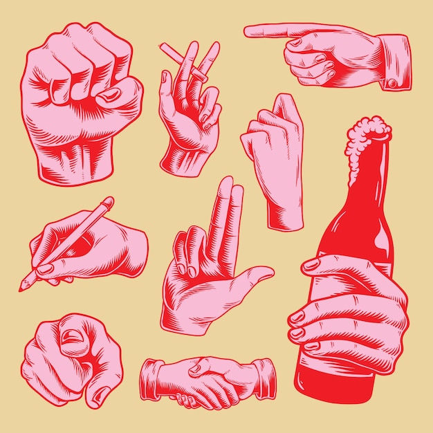 Vector cool neon pink hand gesture sticker set vector