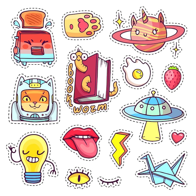 Cool patch badges and pins in 90s pop art style with cartoon animals characters vector set stickers