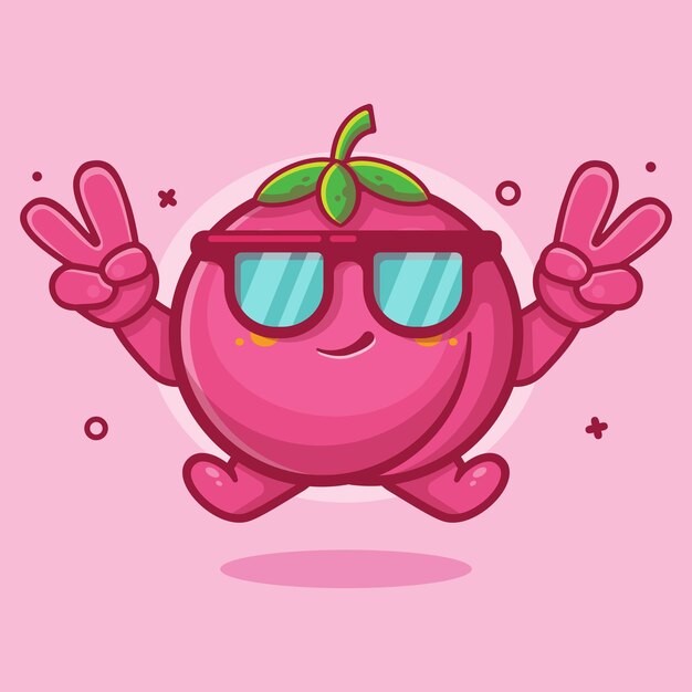 cool peach fruit character mascot with peace sign hand gesture isolated cartoon in flat style design