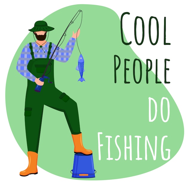 Крутые люди делают рыбалку в социальных сетях после макета. Рыбак с удочкой. Рекламный веб-баннер дизайн шаблона. Усилитель социальных сетей, макет контента. Рекламный плакат, печатная реклама с плоскими иллюстрациями