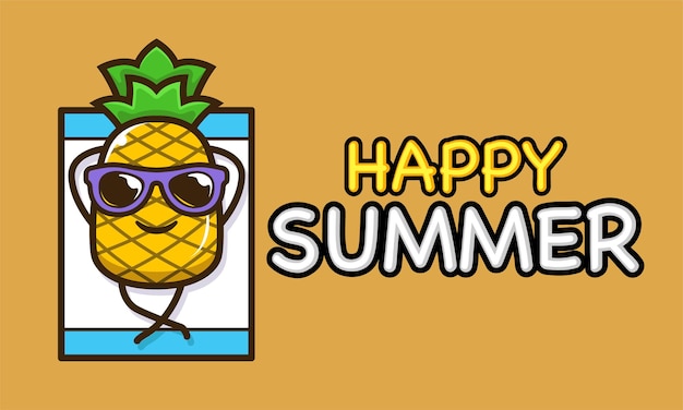 Cool pineapple mascot in summer holiday banner template