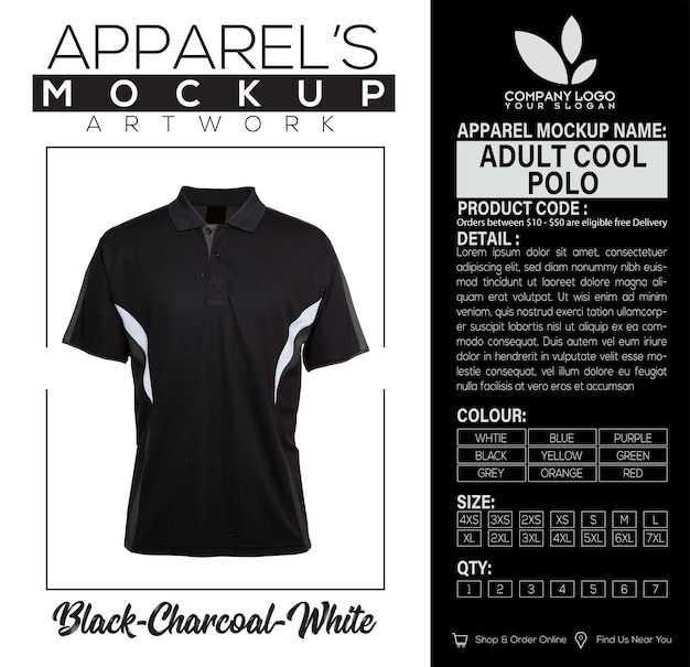 Cool Polo voor volwassenen Zwarte houtskool Witte kleding Mockup Artwork Design