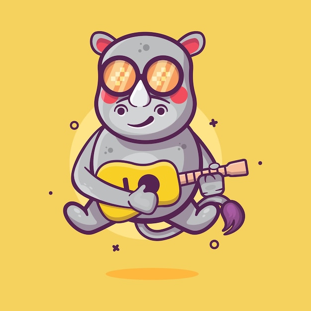 Vector cool rhino animal character mascot playing guitar isolated cartoon
