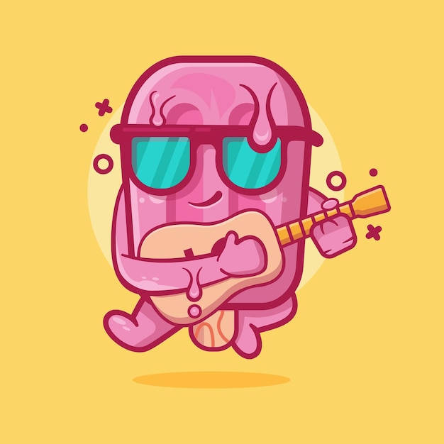 Cool roze popsicle ijs karakter mascotte gitaar spelen geïsoleerde cartoon in vlakke stijl ontwerp