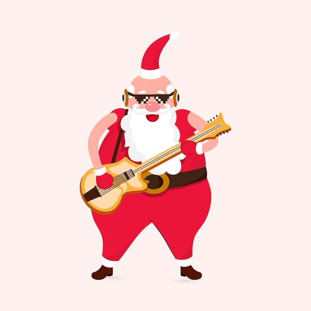 Fantastico babbo natale che indossa occhiali neri che suona la chitarra