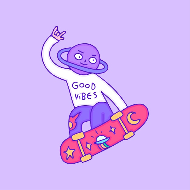 Cool Saturn planet character freestyle with skateboard, illustration for t-shirt, sticker
