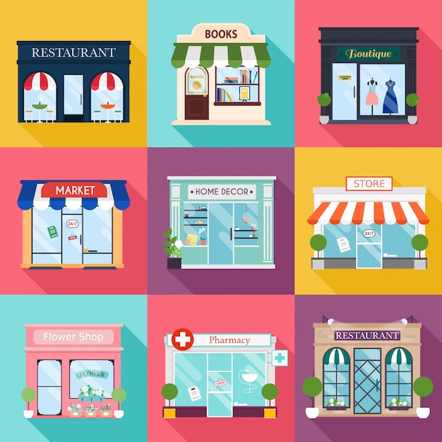 Cool set of  detailed flat design restaurants and shops facade icons. Facade icons. Ideal for business web publications and graphic design. Flat style .