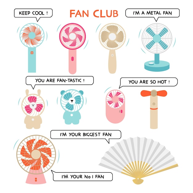 Cool set of hand electric coloured small fans isolated on white background Funny inscriptions