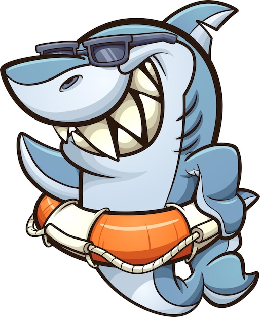 Вектор Крутая акула в солнцезащитных очках и спасатель