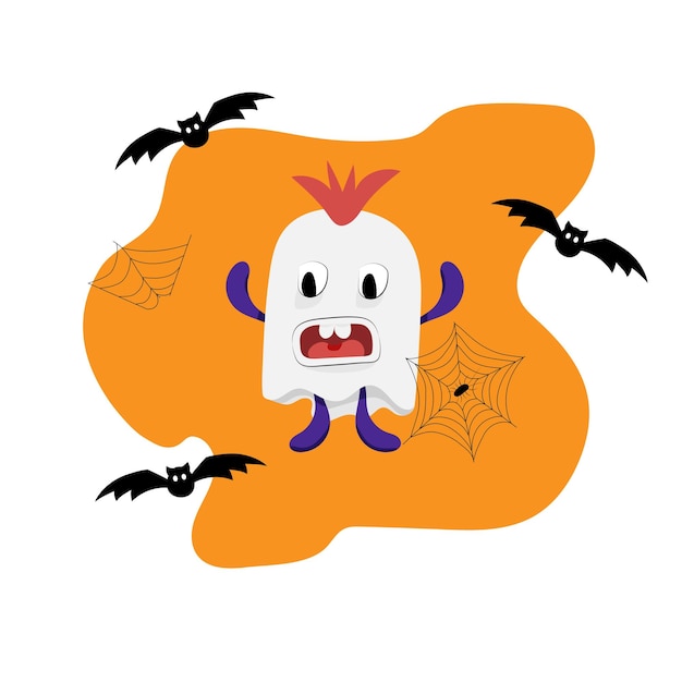 Cool Spooky Ghost with Bats and Spider Webs Premium Vector