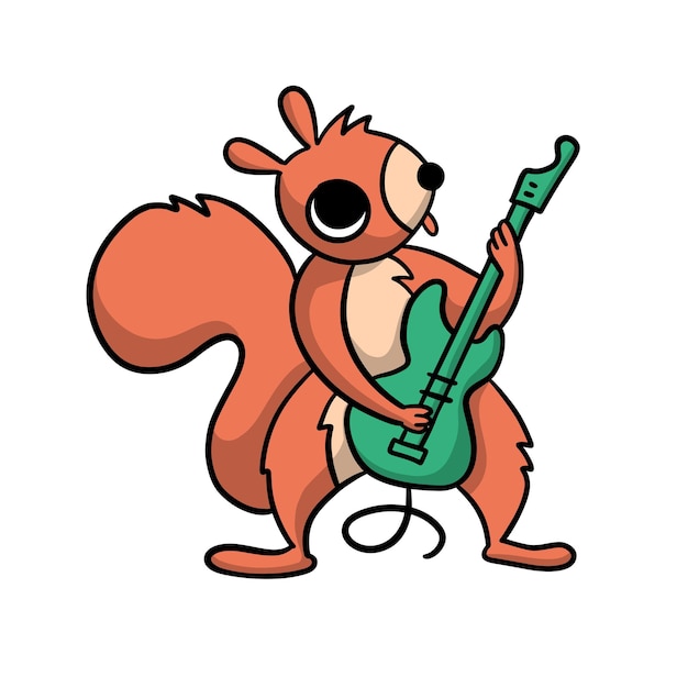 Cool squirrel character playing electric guitar cute baby animal vector contour flat hand drawn illu