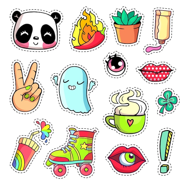 Vector cool stickers set in 90s pop art comic style patch badges and pins vector panda roller skate etc