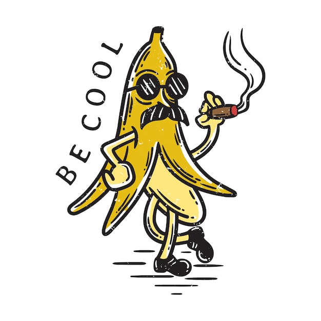 Cool style banana character wearing glasses is smoking illustration on white background