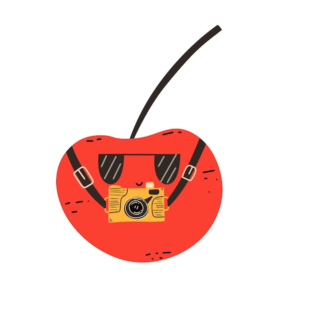 Cool summer cherry with a camera and sunglasses Vector illustration in flat style