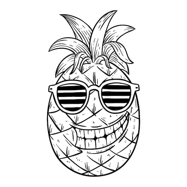 Cool summer pineapple illustration wearing glasses with hand drawn or sketch style