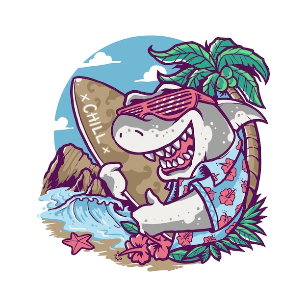 Cool Summer Shark Vacation Cartoon Illustration