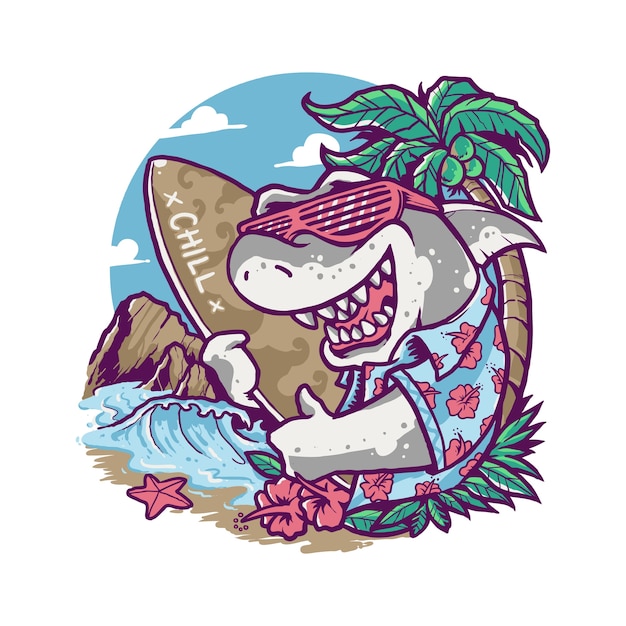 Cool summer shark vacation cartoon illustration