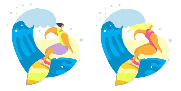 Vector cool surfers, girl and boy riding ocean wave on surfboard, flat vector isolated illustration. beach water activities, summer vacation, extreme water sport.