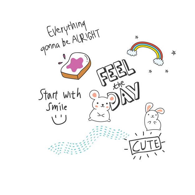Vector cool t shirt design in doodle style with patches and hand written quotes