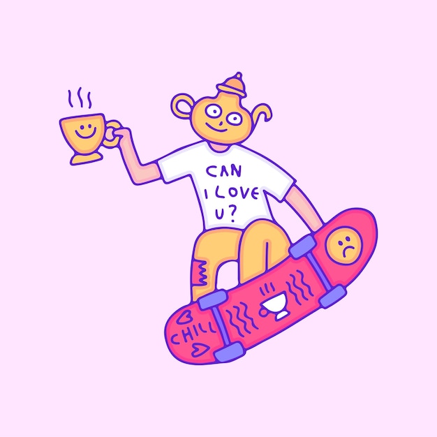 Cool theepotkarakter freestyle met skateboard, illustratie voor t-shirt, sticker