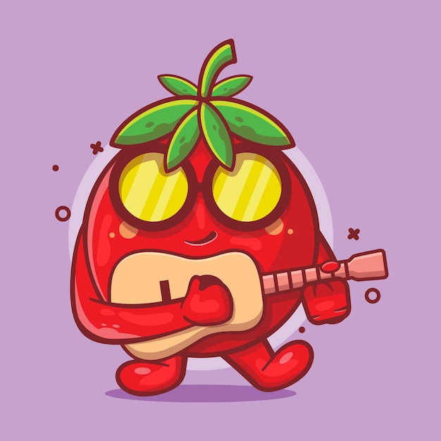 Cool tomato fruit character mascot playing guitar isolated cartoon in flat style design