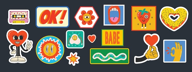 Cool trendy retro glimlach positieve stickers set Verzameling van verschillende patches met emoticons grappige wezens harten geometrische vormen