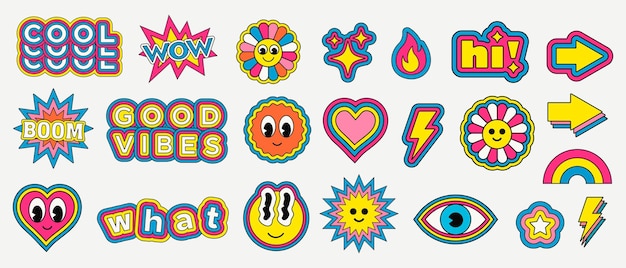 Cool Trendy Retro Stickers Collectie. Set van grappige karakter emoticons. Popart elementen.