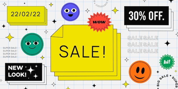 Cool Trendy Sale Banner Vector Design. Promo Web Page Hipster Design. 90s style illustration.